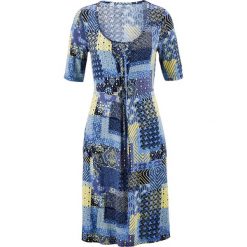 Sukienka shirtowa, krótki rękaw bonprix indygo - jasnożółty wzorzysty. Niebieskie sukienki damskie bonprix, z krótkim rękawem. Za 49.99 zł.