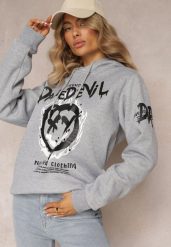 Jasnoszara Bluza z Polarem i Nadrukiem Thalindra. Szare bluzy damskie Renee, xl, bez wzorów, z dzianiny, z kapturem. Za 69.99 zł.