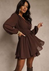 Brązowa Siateczkowa Sukienka o Rozkloszowanym Kroju z Dekoltem w Serek Zennela. Brązowe sukienki damskie Renee, bez wzorów, z jeansu, eleganckie, bez ramiączek. Za 159.99 zł.