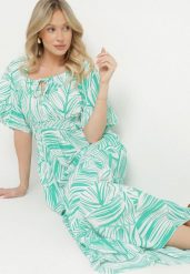 Zielona Bawełniana Sukienka Rozkloszowana w Liście Alaniva. Zielone sukienki damskie Born2be, bez wzorów, z bawełny, eleganckie, bez ramiączek. Za 49.99 zł.