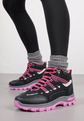 Czarno-Fuksjowe Sznurowane Buty Trekkingowe Traperki Vices na Grubej Podeszwie Afertie. Czarne obuwie trekkingowe damskie Born2be, z jeansu, za kostkę, bez zapięcia. Za 99.99 zł.
