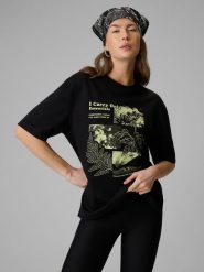 4F T-shirt loose z nadrukiem damski - czarny M. Czarne t-shirty damskie 4F, m, bez wzorów, z dzianiny, bez kołnierzyka. Za 79.99 zł.