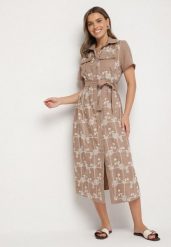 Ciemnobeżowa Sukienka o Koszulowym Kroju z Wiązanym Paskiem i Haftem Malavea. Brązowe sukienki damskie Born2be, bez wzorów, eleganckie, bez ramiączek. Za 129.99 zł.