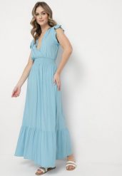 Jasnoniebieska Bawełniana Sukienka Maxi z Kopertową Górą Rozkloszowana Xaliara. Niebieskie sukienki damskie Born2be, bez wzorów, z bawełny, bez ramiączek. Za 79.99 zł.