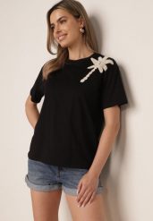 Czarny Bawełniany T-shirt z Ozdobną Aplikacją z Perełek i Cyrkonii Haidea. Czarne t-shirty damskie Born2be, l, z aplikacjami, z bawełny, bez kołnierzyka. Za 49.99 zł.