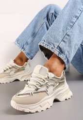 Beżowe Sneakersy na Grubej Podeszwie z Paskiem z Cyrkoniami Novallie. Brązowe obuwie sportowe damskie Born2be, z dresówki, bez zapięcia. Za 109.99 zł.
