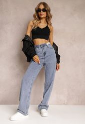 Niebieskie Szerokie Jeansy High Waist Onte. Niebieskie jeansy damskie Renee, z podwyższonym stanem. Za 89.99 zł.