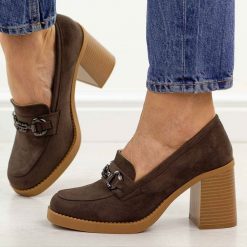 Brązowe mokasyny damskie na słupku M.Daszyński 2461-6. Brązowe mokasyny damskie M.Daszyński, z jeansu, bez obcasa. Za 169.00 zł.