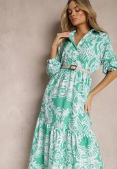 Zielona Rozkloszowana Sukienka Długa z Falbanką w Ornamentalny Print Naraoda. Zielone sukienki damskie Renee, bez wzorów, z materiału, bez ramiączek. W wyprzedaży za 75.99 zł.