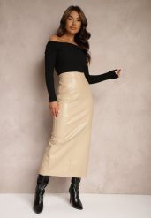 Beżowa Spódnica o Ołówkowym Kroju High Waist z Imitacji Skóry z Rozcięciem z Tyłu Eviauras. Brązowe spódnice damskie Renee, do pracy, s, bez wzorów, ze skóry, biznesowe, maxi. Za 79.99 zł.