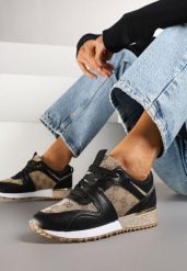 Czarno-Brązowe Sneakersy Ozdobione Metaliczną Aplikacją i Przeszyciami Soltia. Czarne obuwie sportowe damskie Renee, bez zapięcia. Za 59.99 zł.
