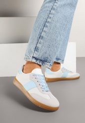 Biało-Niebieskie Sneakersy Tenisówki w Kultowym Stylu Neolithaen. Białe obuwie sportowe damskie Renee, z jeansu, bez zapięcia, tenisowe. Za 74.99 zł.