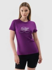 4F T-shirt slim z nadrukiem damski - fioletowy XS. Fioletowe t-shirty damskie 4F, xs, bez wzorów, z bawełny, bez kołnierzyka. Za 29.99 zł.