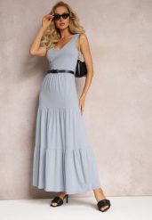 Niebieska Rozkloszowana Sukienka Maxi z Bawełnianej Tkaniny Galaise. Niebieskie sukienki damskie Renee, bez wzorów, z bawełny, eleganckie, bez ramiączek. W wyprzedaży za 91.99 zł.