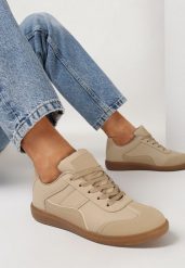 Ciemnobeżowe Sneakersy przed Kostkę z Ozdobnymi Przeszyciami Erdafa. Brązowe obuwie sportowe casual damskie Born2be, bez zapięcia. Za 64.99 zł.
