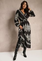 Czarna Wzorzysta Sukienka z Wiskozą o Kopertowym Kroju z Paskiem i Gumką w Talii Sagilaine. Czarne sukienki damskie Renee, bez wzorów, z wiskozy, eleganckie, bez ramiączek. W wyprzedaży za 83.99 zł.
