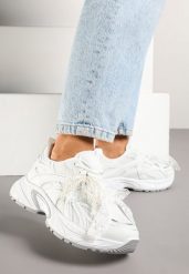 Białe Sneakersy Ozdobione Geometrycznym Motywem Kokardą i Koralikami Saralinae. Białe obuwie sportowe damskie Born2be, bez zapięcia. Za 99.99 zł.