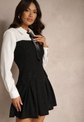 Czarna Rozkloszowana Sukienka Koszulowa Ozdobiona Brokatem i Krawatem Venithea. Czarne sukienki damskie Renee, z aplikacjami, eleganckie, bez ramiączek. W wyprzedaży za 135.99 zł.