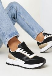 Czarne Sneakersy na Grubej Podeszwie z Wstawkami Mikel. Czarne obuwie sportowe damskie Born2be, przed kostkę, bez zapięcia. Za 119.99 zł.