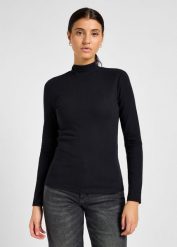 LEE DAMSKA KOSZULKA RIBBED LS HIGH NECK UNIONALL BLACK 112355165 L40H008520. Czarne bluzki damskie Lee, l, bez wzorów, bez kołnierzyka, bez ramiączek. Za 99.99 zł.