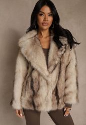 Beżowa Jednorzędowa Kurtka Futerko z Szerokim Kołnierzem Tesandra. Brązowe kurtki damskie Renee, l, bez wzorów, z futra, bez kaptura. Za 259.99 zł.