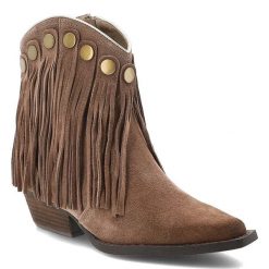 Brązowe Kowbojki Artiker Eleganckie Buty Damskie Z Frędzlami. Brązowe kozaki damskie Artiker, z jeansu, ze szpiczastym noskiem, bez obcasa, na obcasie, bez zapięcia. Za 280.99 zł.
