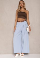 Jasnoniebieskie Spodnie o Szerokim Kroju High Waist Ozdobione Paskiem Rasalle. Niebieskie spodnie materiałowe damskie Renee, z aplikacjami, z jeansu. Za 59.99 zł.