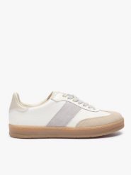 Kremowe sneakersy z szarym paskiem. Brązowe obuwie sportowe damskie Ryłko, ze skóry, bez zapięcia. Za 449.99 zł.