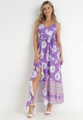Fioletowa Sukienka Maxi na Cienkich Ramiączkach i Materiałowym Paskiem Adakila. Fioletowe sukienki damskie Born2be, bez wzorów, z materiału, eleganckie, bez ramiączek. Za 99.99 zł.