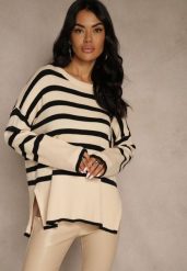 Kremowo-Czarny Sweter Oversize w Paski Kalitusa. Czarne swetry klasyczne damskie Renee, z jeansu, bez kołnierzyka. Za 64.99 zł.