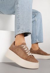 Brązowe Sneakersy z Naturalnego Zamszu na Platformie Nalirette. Brązowe obuwie sportowe damskie Renee, bez zapięcia. Za 179.99 zł.