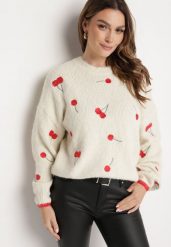 Jasnobeżowy Sweter z Domieszką Wełny z Motywem Wisienek Sintovia. Brązowe swetry klasyczne damskie Born2be, l, z wełny, bez kołnierzyka. Za 149.99 zł.