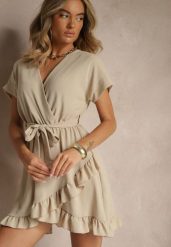 Beżowa Sukienka o Rozkloszowanym Kroju z Paskiem i Falbanami Addea. Brązowe sukienki damskie Renee, bez wzorów, eleganckie, bez ramiączek. W wyprzedaży za 63.99 zł.