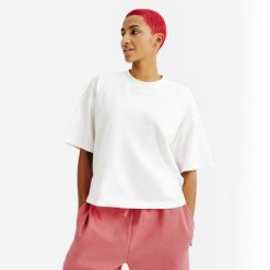Koszulka damska crop top Elementals. Białe koszulki sportowe damskie Decathlon, l, bez wzorów, z bawełny, bez ramiączek. W wyprzedaży za 29.99 zł.