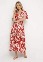 Bordowa Rozkloszowana Sukienka z Wiskozy w Roślinny Wzór Ridiata. Czerwone sukienki damskie Born2be, bez wzorów, z wiskozy, eleganckie, bez ramiączek. Za 89.99 zł.