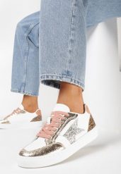 Złote Sneakersy z Brokatową Gwiazdką Tileva. Białe obuwie sportowe damskie Born2be, bez zapięcia. Za 84.99 zł.