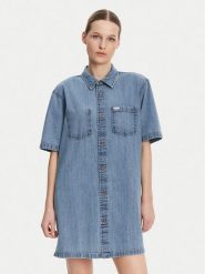 Guess Jeans Sukienka jeansowa W5GK99 D5M81 Niebieski Regular Fit. Niebieskie sukienki damskie Guess Jeans, z aplikacjami, z bawełny, bez ramiączek. Za 219.99 zł.