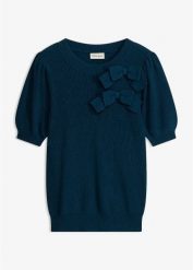 Sweter z aplikacją w kształcie kokardy. Czerwone swetry klasyczne damskie bonprix, bez kołnierzyka. Za 97.99 zł.