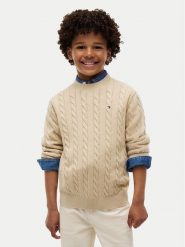 Tommy Hilfiger Sweter Cable KB0KB09753 Beżowy Regular Fit. Brązowe swetry chłopięce Tommy Hilfiger, z bawełny, bez kołnierzyka. Za 329.99 zł.