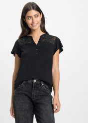 T-shirt z dekoltem henley z mieszanki wiskozy. Czarne t-shirty damskie bonprix, bez wzorów, z koronki, bez kołnierzyka. Za 64.99 zł.