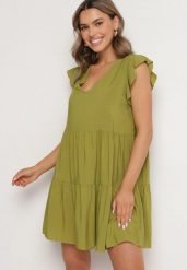 Zielona Rozkloszowana Sukienka z Bawełny Ozdobiona Falbankami Natiriane. Zielone sukienki damskie Born2be, bez wzorów, z bawełny, eleganckie, bez ramiączek. Za 69.99 zł.