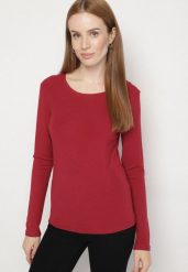 Bordowa Bluzka Typu Longsleeve z Okrągłym Dekoltem Unelessa. Czerwone bluzki damskie Born2be, l, bez wzorów, z jeansu, eleganckie, bez kołnierzyka, bez ramiączek. Za 49.99 zł.