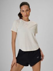 4F Koszulka treningowa regular szybkoschnąca damska - biała XS. Białe bluzki damskie 4F, xs, bez wzorów, z materiału, bez kołnierzyka, bez ramiączek. Za 99.99 zł.