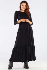Maxi Sukienka z Długim Rękawem z Falbanką na Dole - Czarna. Czarne sukienki damskie Awama, bez wzorów, z elastanu, wizytowe, bez ramiączek. Za 259.90 zł.