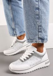 Białe Sneakersy na Grubej Podeszwie z Cyrkoniami i Sznurowaniem Aptive. Białe obuwie sportowe damskie Born2be, bez zapięcia. Za 109.99 zł.