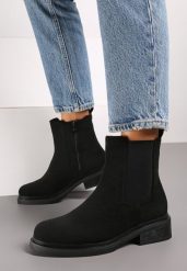Czarne Klasyczne Botki w Stylu Sztybletów z Imitacji Zamszu Kaivina. Czarne botki damskie Renee, z jeansu, eleganckie, bez obcasa, na płaskiej podeszwie, bez zapięcia. Za 129.99 zł.