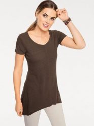 Heine Jedwabna koszulka w kolorze ciemnobrązowym rozmiar: 38. Brązowe koszulki damskie Heine, bez wzorów, z jedwabiu, z asymetrycznym kołnierzem, bez ramiączek. Za 109.00 zł.