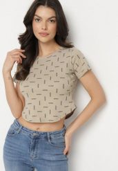 Ciemnobeżowy Bawełniany T-shirt z Brokatem Olinithra. Brązowe t-shirty damskie Born2be, m, z aplikacjami, z bawełny, bez kołnierzyka. Za 34.99 zł.