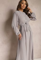 Ciemnoszara Rozkloszowana Sukienka Maxi Plisowana Wiązana w Pasie Terilla. Szare sukienki damskie Renee, bez wzorów, z materiału, bez ramiączek. W wyprzedaży za 99.99 zł.