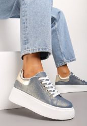Niebiesko-Złote Sneakersy na Grubej Platformie z Cholewką przed Kostkę Nucaria. Niebieskie obuwie sportowe damskie Born2be, z materiału, przed kostkę, bez zapięcia. Za 99.99 zł.